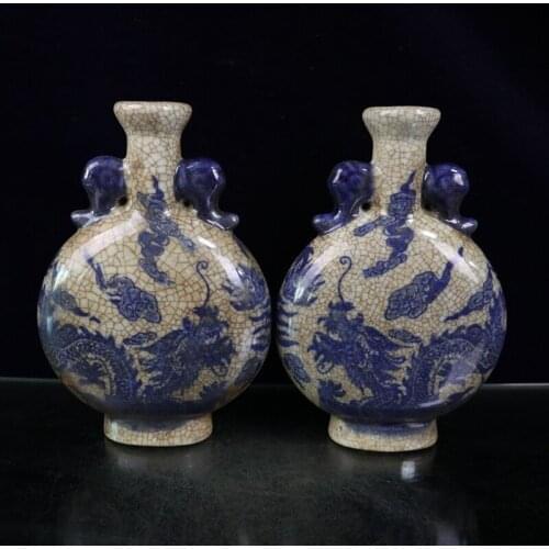 Chinese Ceramics Open Blue and White Porcelain Chinaware Dragon Pattern Binaural Oblate Flat Bottle Flower Vase