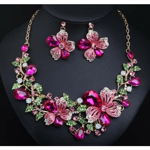 Fashion Multicolor Flower Necklace Earring Set Bridal Crystal Jewelry Sets Statement Choker Fashion Rhinestone Bib Wedding Party