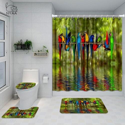 NYAA 3D Red Parrot Bathroom Set Green Waterfall Art Printing Waterproof Spring Bird Shower Curtain Toilet Cover Mat Non Slip Rug