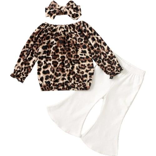 New 3Pcs Little Girls Outfit, Toddlers Leopard Print Long Sleeve Round Collar Tops + Solid Color Bell-bottomed Pants + Headwear