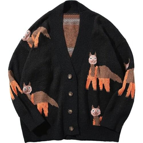 LACIBLE Hip Hop Knitted Sweater Men 2021 Vintage Alpaca Pattern Harajuku Sweater Oversize Streetwear Loose Cardigan Pullover Men