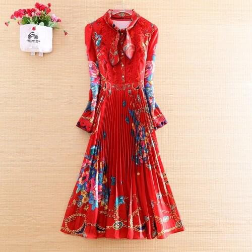 WTIANYUW 2021 New Fashion Runway Summer Dress Women Long Sleeve Vintage Print Lace Elegant Slim Pleated Mid Length Party Dress