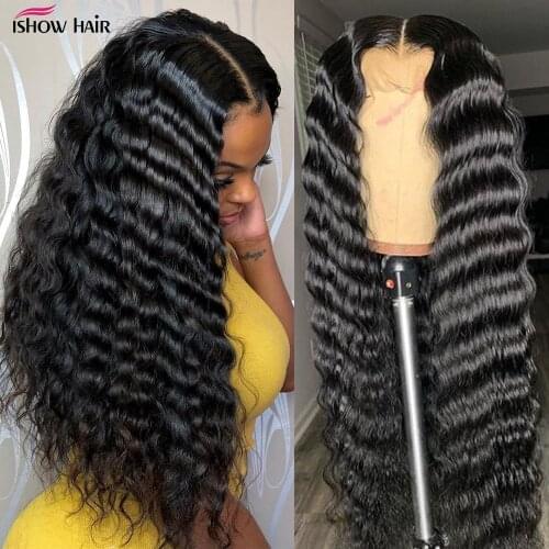 Ishow HD Transparent Deep Wave Lace Frontal Wig Pre Plucked 13x6 Lace Front Wig Human Hair Loose Deep Wave Wig For Black Women