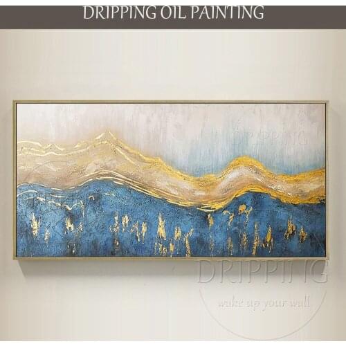 Hand-painted Wall Picture Abstract Gold and Blue Acrylic Painting on Canvas Rich Colors Abstract Gold and Blue Acrylic Painting