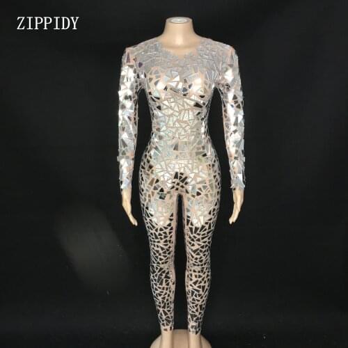Sexy Transparent Mirrors Jumpsuit Stage Show Dance Wear Mesh Sequins Bodysuit Dance Performance Stretch Costume YOUDU