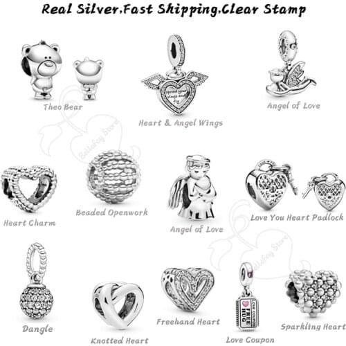 925 Sterling Silver Beads Angel Wings Love Heart Dangles Fits Original Bracelets Bangles DIY Making Charms