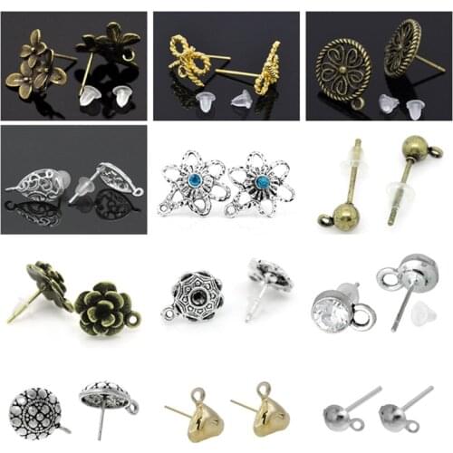DoreenBeads Fashion Ear Post Stud Earrings Findings Teardrop Round Flower Hollow Carved DIY Making Jewelry Findings,10PCs-400PCs