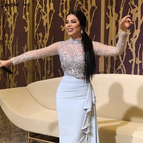 Serene Hill Muslim Luxury Blue Long Sleeves Evening Dress 2020 High Neck Sequins Ruffles Formal Party Gown CLA70035