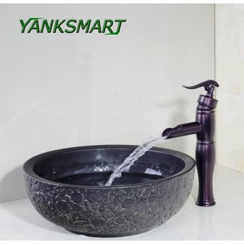 YANKSMART ORB Faucet Bathroom Sink Washbasin Ceramics Carving Lavatory Bath Set Cold & Hot Water Mixer Tap With Pop-up Drain Tap