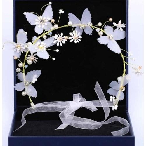 Delicate Crystal Pearl Butterfly Headband with Ribbon Bridal Hairband Wedding Headpiece Hair Jewelry Accessories for Women BH