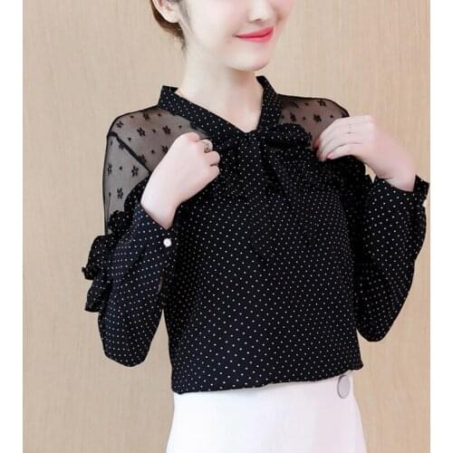 Blouse Women 2020 Autumn New Polka Dot Chiffon Blouses Womens Lace Patchwork Long Sleeve Shirt Korean Sexy Tops Blusas Feminina
