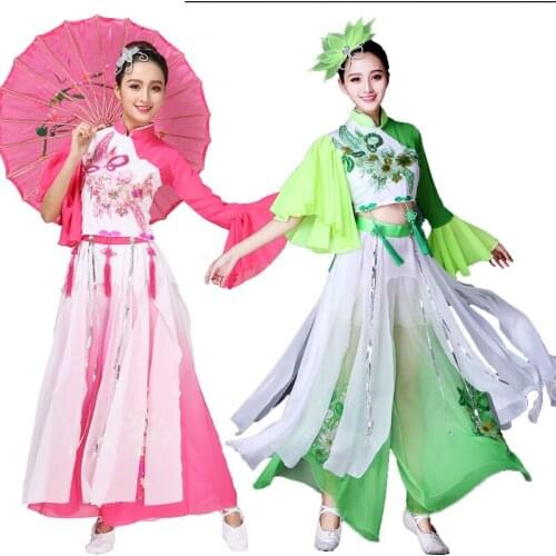 Womens chiffon classical dance costumes elegant new Chinese national fan umbrella dance clothing Yangko performance clothing