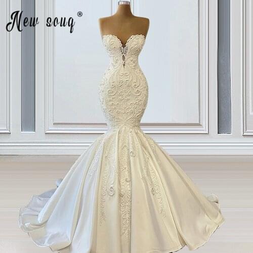 Vintage Mermaid Sweetheart Crystal Beaded Lace Pearls Sexy Luxury Wedding Dresses 2021 New Satin Wedding Gown Custom Made