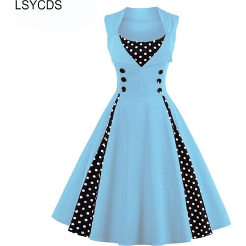 LSYCDS Elegant Plus Size Cotton Dresses Women Button Summer Polka Dot Sleeveless Pin Up Vintage Retro Party Dress