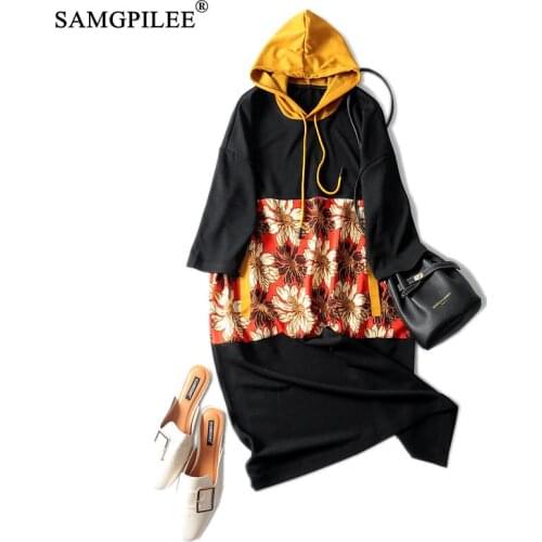 Summer Clothes For Women 2021 New Fashion Retro Hooded Knitted Patchwork Knee Length Plus Size Floral Woman Dresses 4XL