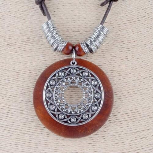 New Vintage Long Necklace Fashion Bohemia Jewelry Adjustable Brown Rope wooden Alloy Pendant Necklaces Women Sweater Chains