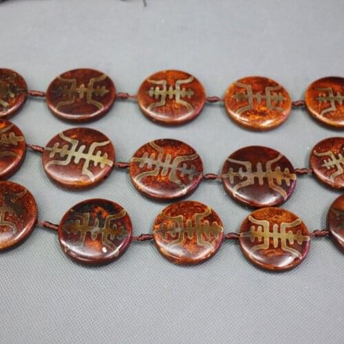 2strands/lot 25mm Brown Mala Tibetan Mystical Stone Dzi Necklaces, Tibetan Charms Slab Gems Stone Matte Turtleback Coin Beads