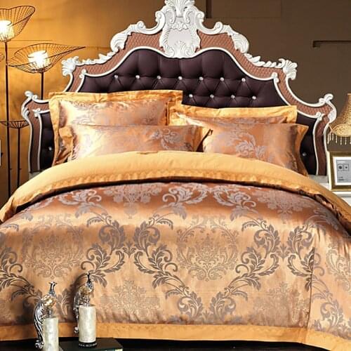 Luxury golden Blue white pink King Queen Wedding Bedding Sets Satin Cotton Jacquard Bed sheet Duvet cover set Pillowcases 4pcs