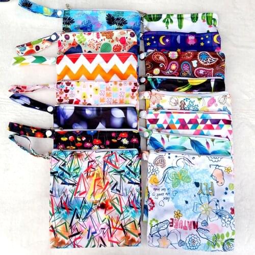 6pcs waterproof PUL wet bag for menstrual pads, cloth sanitary pads bag with snap handle, printed diaper bag in 22 prints