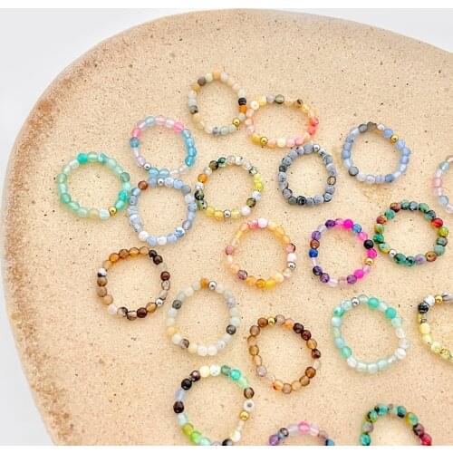 Boho Natural Stone Beads Rings for Women Mix Color Gold Stainless Steel Beads Wedding Party Gift 3mm Beads Adjustable Wholesale