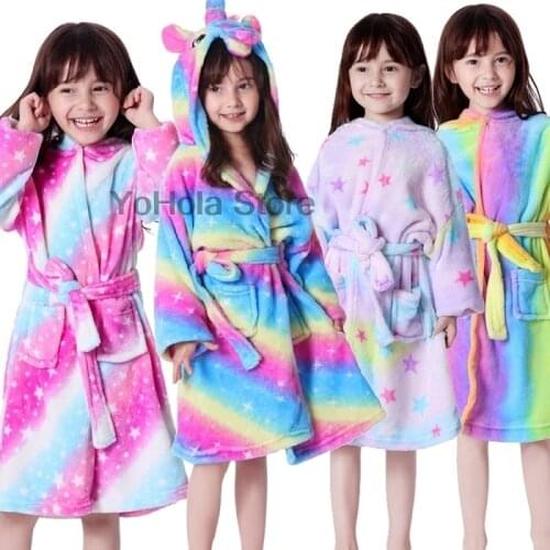 Baby Robe Cartoon Hoodies Girl Boys Sleepwear Rainbow Unicorn Bath Towels Kids Soft Bathrobe Pajamas Childrens Clothing