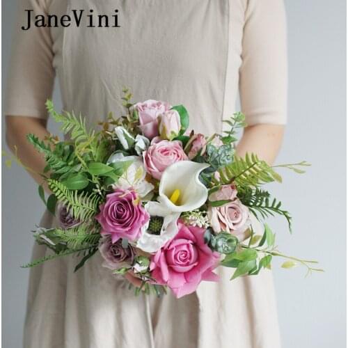 JaneVini Elegant White Calla lily Brides Bouquet Wedding Flowers Artificial Silk Fuchsia Roses Bridesmaid Bouquets Accessories