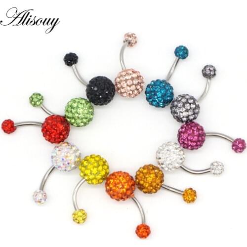Alisouy 1 Trendy Crystal Double Disco Ball Ferido Belly Bar Navel Belly Button Ring Belly Ring Piercing jewelry 10mm