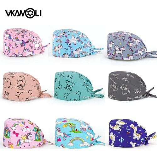 Pet caring caps High quality Printed Beauty salon lab caps unisex Cute cotton adjustable sweat-absorbent Elastic hat scrubs cap