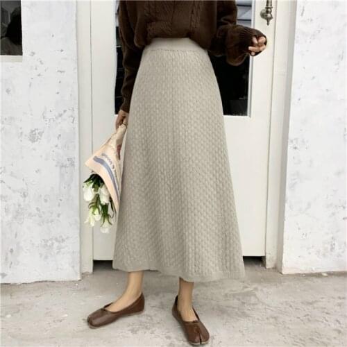 Korea Women Gray Autumn Winter Elastic High Waist A-line Knitted Skirt Solid Color