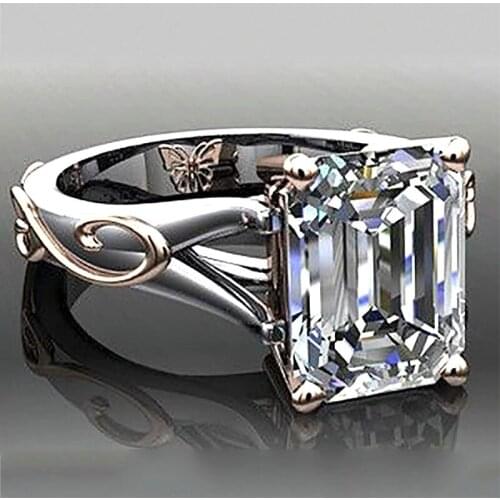 Milangirl Ladies Silver Color Craved Lovely Butterfly Inlaid Cubic Zircon Rhinestone Zircon Female Ring for Women Party Jewelry