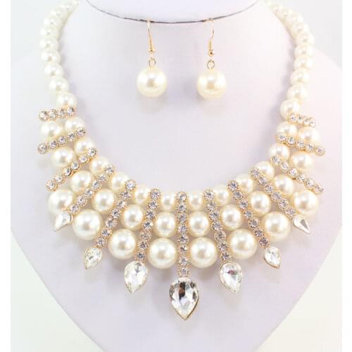 Fashion Classic Imitation Pearl Gold Color Clear Crystal Top Elegant Party Gift Costume Pearl Necklace Earring Jewelry Sets