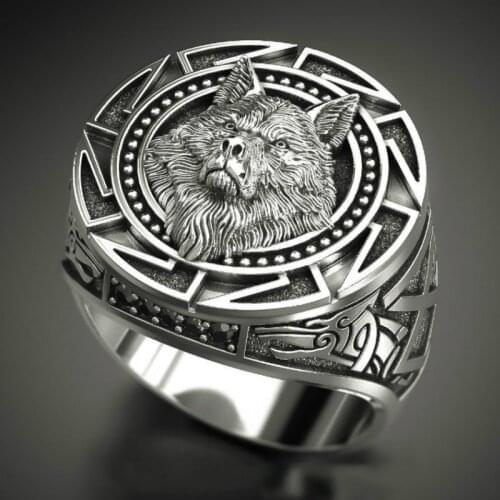 Mens 925 Vintage Wolf Totem Thai Silver Ring Nordic Mythology Viking Warrior Wolf Head Mens Ring Size 7-12