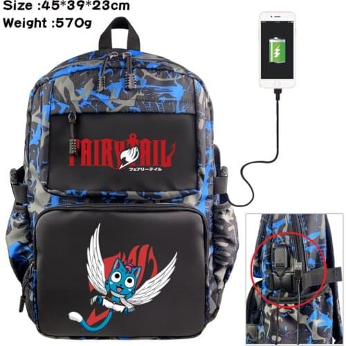 Anime Fairy Tail Nylon USB Backpack Student Cartoon Casual Teenger Schoolbag Zipper Travel Laptop Bag Bookbag Knapsack
