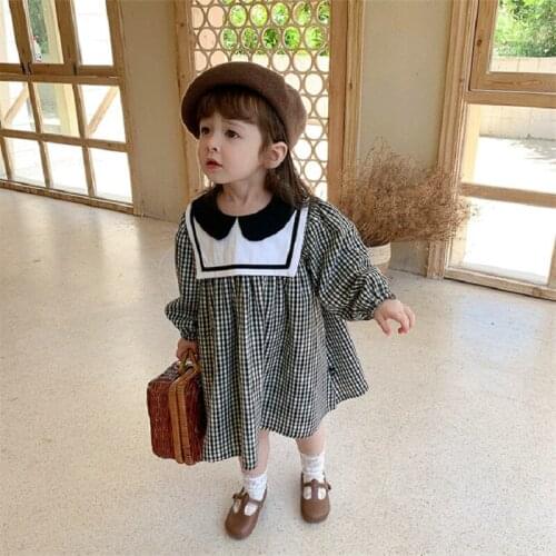 Girls Sailor Collar Plaid Dress Spring And Autumn New Childrens Long-Sleeve Casual Retro Loose Dresses WTA15