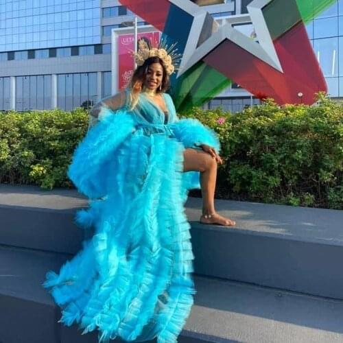 Sky Blue Tulle Dresses Women Long Sleeves Ruffles Tulle Dresses For Photo Shoot Tulle Robes Girls Birthday Dress Summer Gowns