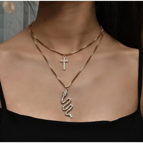 YWZIXLN Boho Charm Multi-layer Crystal Cross Snake Pendant Fashion Necklaces Bijoux For Women Elegant Choker Jewelry N0180