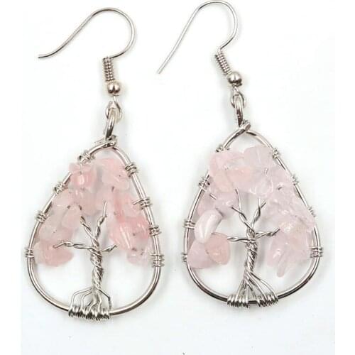 FYJS Unique Female Jewelry Silver Plated Wire Wrap Tree of Life Water Drop Natural Rose Pink Quartz Earrings