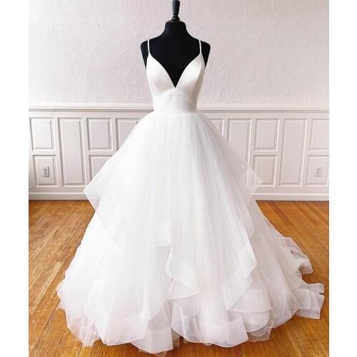 Sexy Long Deep V-Neck Tulle White Wedding Dresses Floor Length Ruched Spaghetti Straps Bridal Gowns with Bow for Women