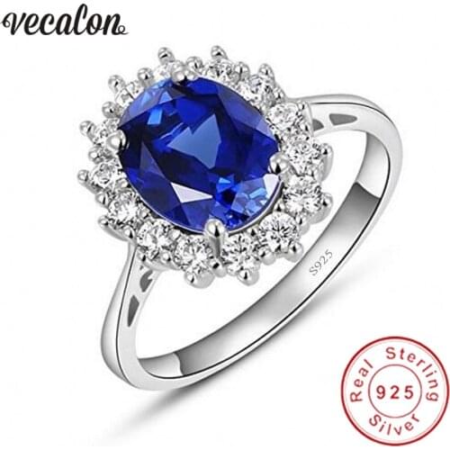 Vecalon Fine Jewelry 100% Real 925 Sterling Silver ring 5A Blue Zircon Cz Diana Engagement wedding Band rings for women Bridal