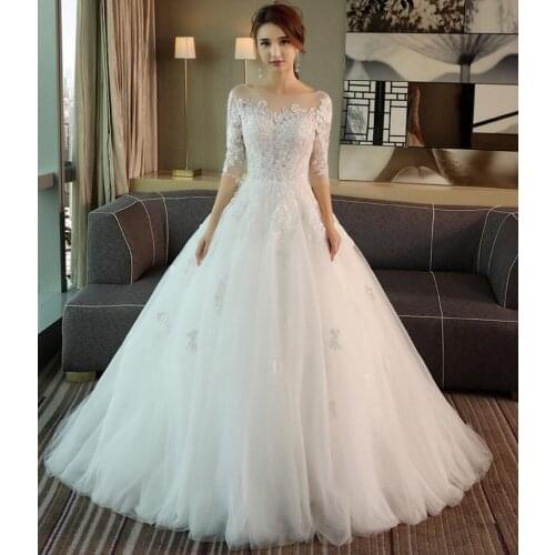 New robe de marie lace appliques Floor Length Half Sleeves O neck Fashion Wedding Dresses for bride vestido de noiva