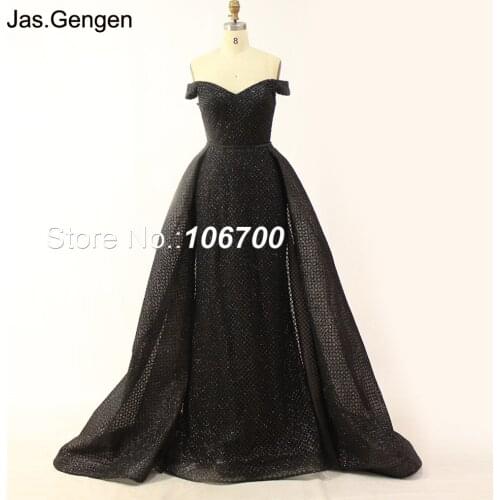 2018 Two Pieces Detachable Train Mermaid Evening Dress Black Color Off Shoulder Sweetheart Glitter Fabric Long Prom Gown 1138