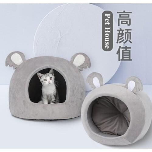Pet House Cute Cat Ears Semi-enclosed Winter Warm Cat Dog House Plus Velvet Round Dog Cat Sleeping Bed Soft Sofa
