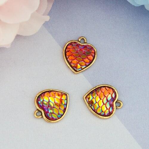 DoreenBeads Zinc Alloy Mermaid Fish Scale Charms Heart Gold Tone Antique Gold Colorful AB Color Approx 16mmx 14mm( 4/8"), 10 PCs