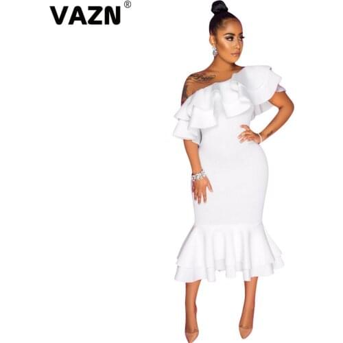 VAZN Sexy elegant 2020 suummer sexy lady white solid knee-length dress ruffles one shoulder turmpet dress lady wine party dress