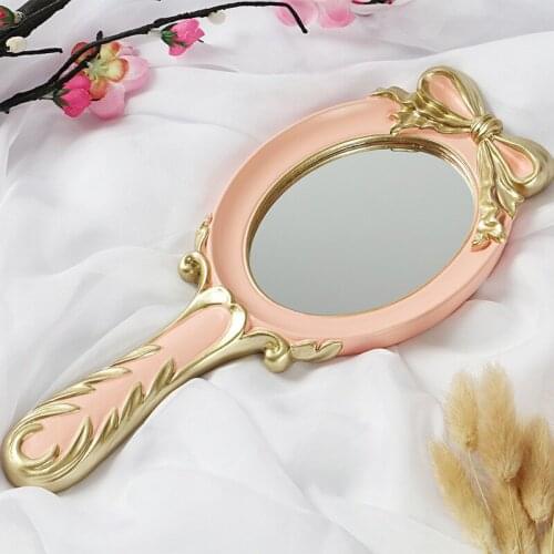 European-style court retro bow mirror convenient princess girl oval makeup makeup tool with non-slip handle