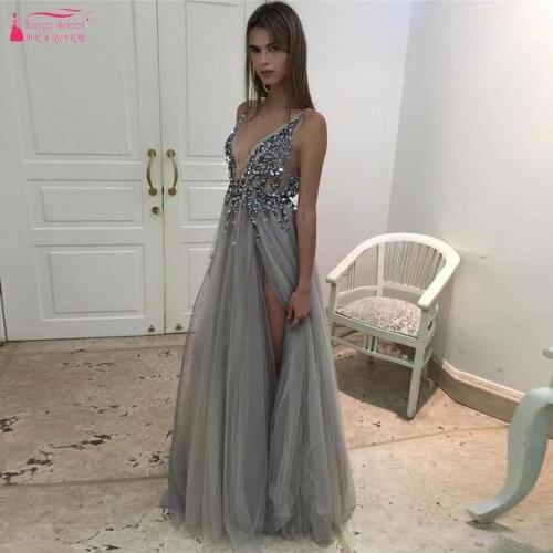 Hot Split Prom Dresses Plunging Neckline Crystal Evening Gowns Custom made Tulle Gray A Line Dress DQG1014