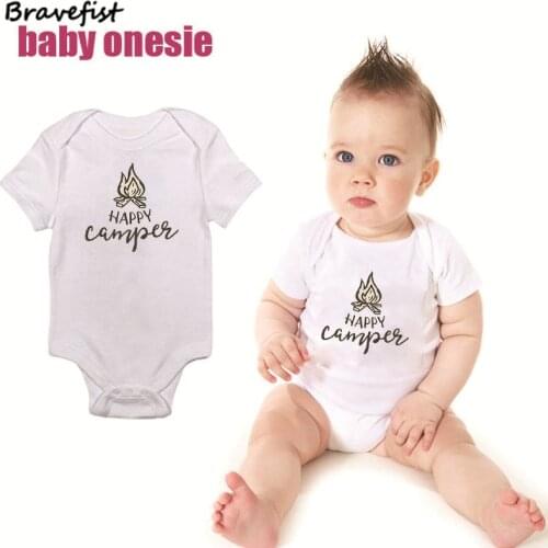 Happy Camper Baby Girls Boys Bodysuits Cotton Short Sleeve Round Neck Summer Children Clothes Infant Jumpsuits Kids Onesie 0-24M