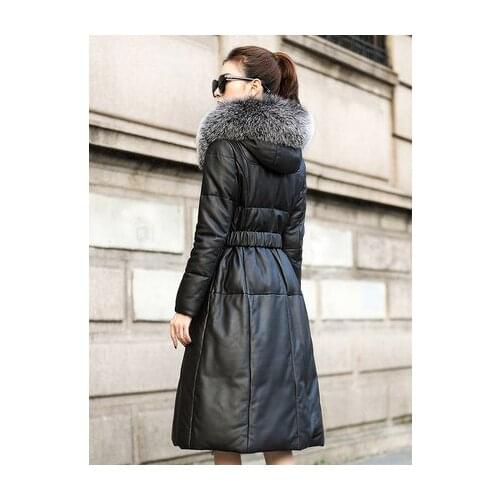 Leather Down Jacket Womens Big Size Long Sheepskin 2020 Winter New Waist Leather Slim Hooded Jacket 889