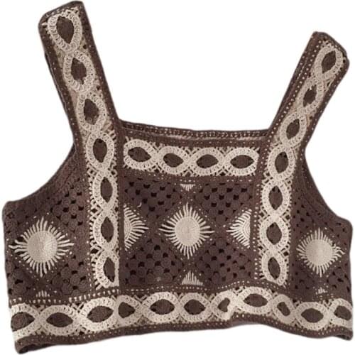 Women Summer Bohemian Knitted Crop Tank Top Hollow Out Crochet Geometric Pattern Camisole Vintage Casual Slim Sleeveless Vest