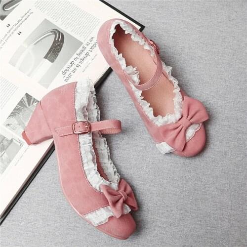 Sweet Lolita Shoes Mary Jane Shoes for Women 2020 Spring Cute Bow Block Heels Shoes Woman School Girls Kawaii Cosplay Shoes